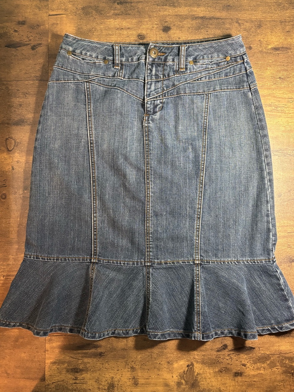 Motto Jean Skirt Panel Seams Ruffle Flounce Hem Western Boho Y2K Coquette Sz 10